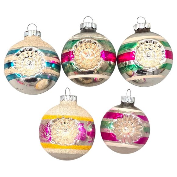 Lot Of 5 Shiny Brite Double Indent DROP BALL Glass Christmas Ornaments Stripes - Picture 2 of 9